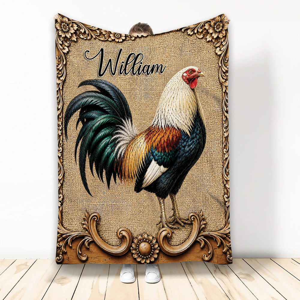 Chicken throw blanket featuring a colorful rooster on a rustic burlap-style background with ornate floral borders