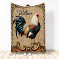 Chicken throw blanket featuring a colorful rooster on a rustic burlap-style background with ornate floral borders