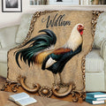 Detailed chicken throw blanket displayed across a sofa with colorful rooster artwork and vintage ornamental framing