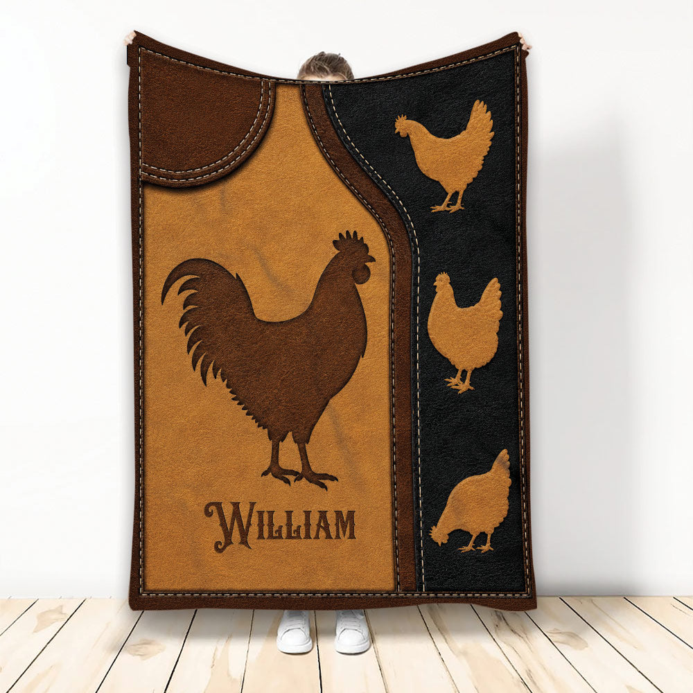 Rustic chicken and rooster blanket design with brown leather-look panels and golden farm bird silhouettes
