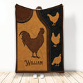 Rustic chicken and rooster blanket design with brown leather-look panels and golden farm bird silhouettes