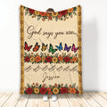 Christian throw blanket with colorful butterflies, floral borders, faith-inspired wording and scripture references