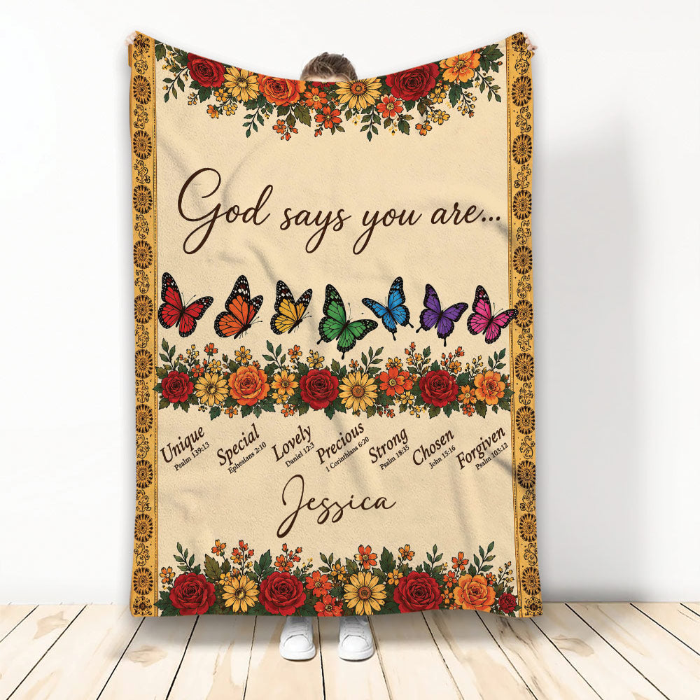Christian throw blanket with colorful butterflies, floral borders, faith-inspired wording and scripture references