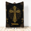 Christian throw blanket with an ornate gold cross and decorative black and gold border