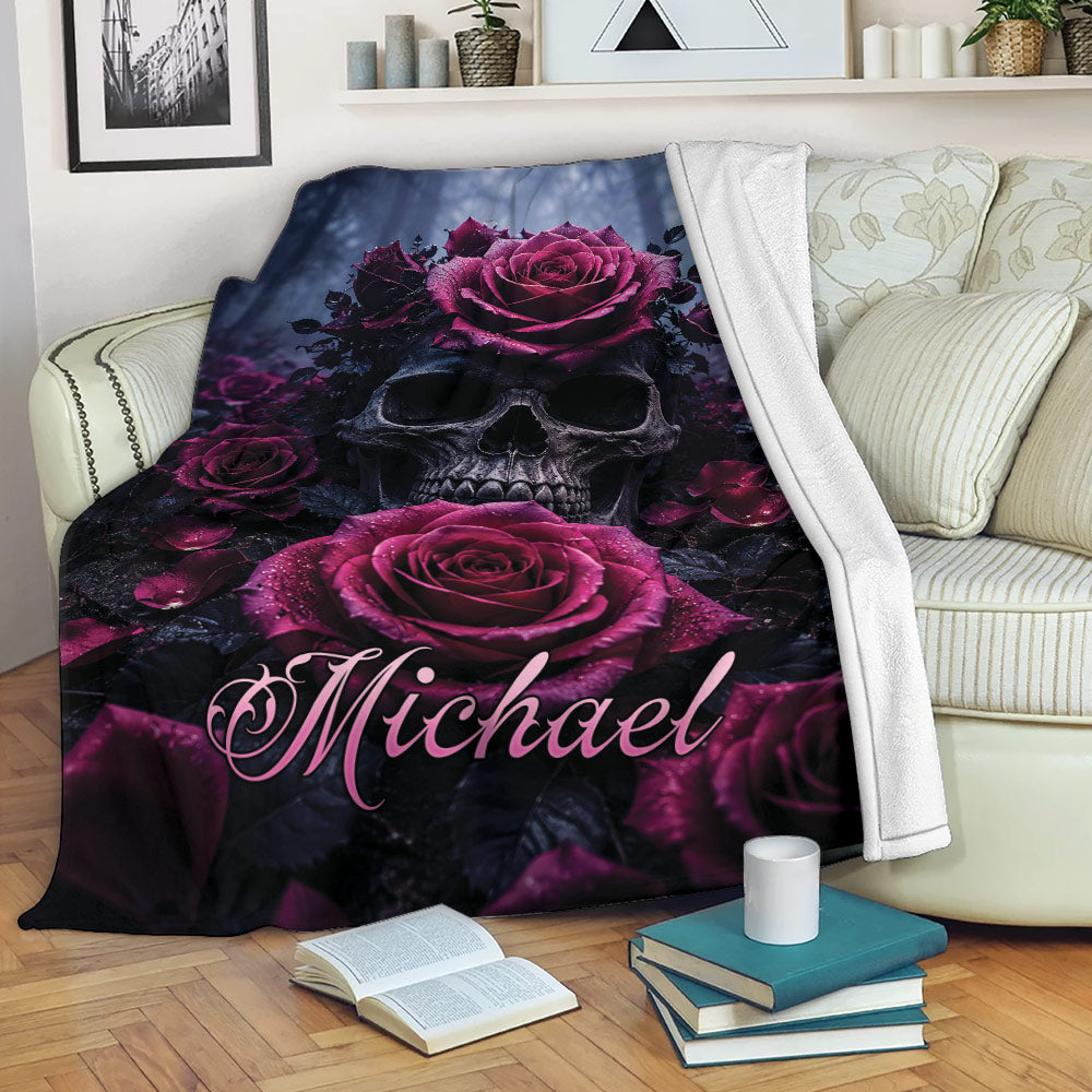 Gothic skull and rose throw blanket displayed across a cozy living room sofa