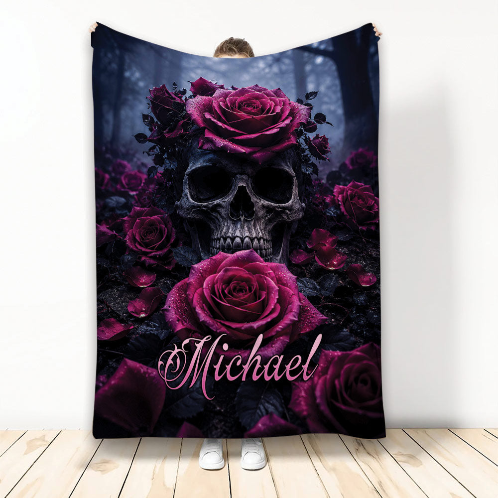 Skull throw blanket with vivid magenta roses, dark forest backdrop, and gothic artwork