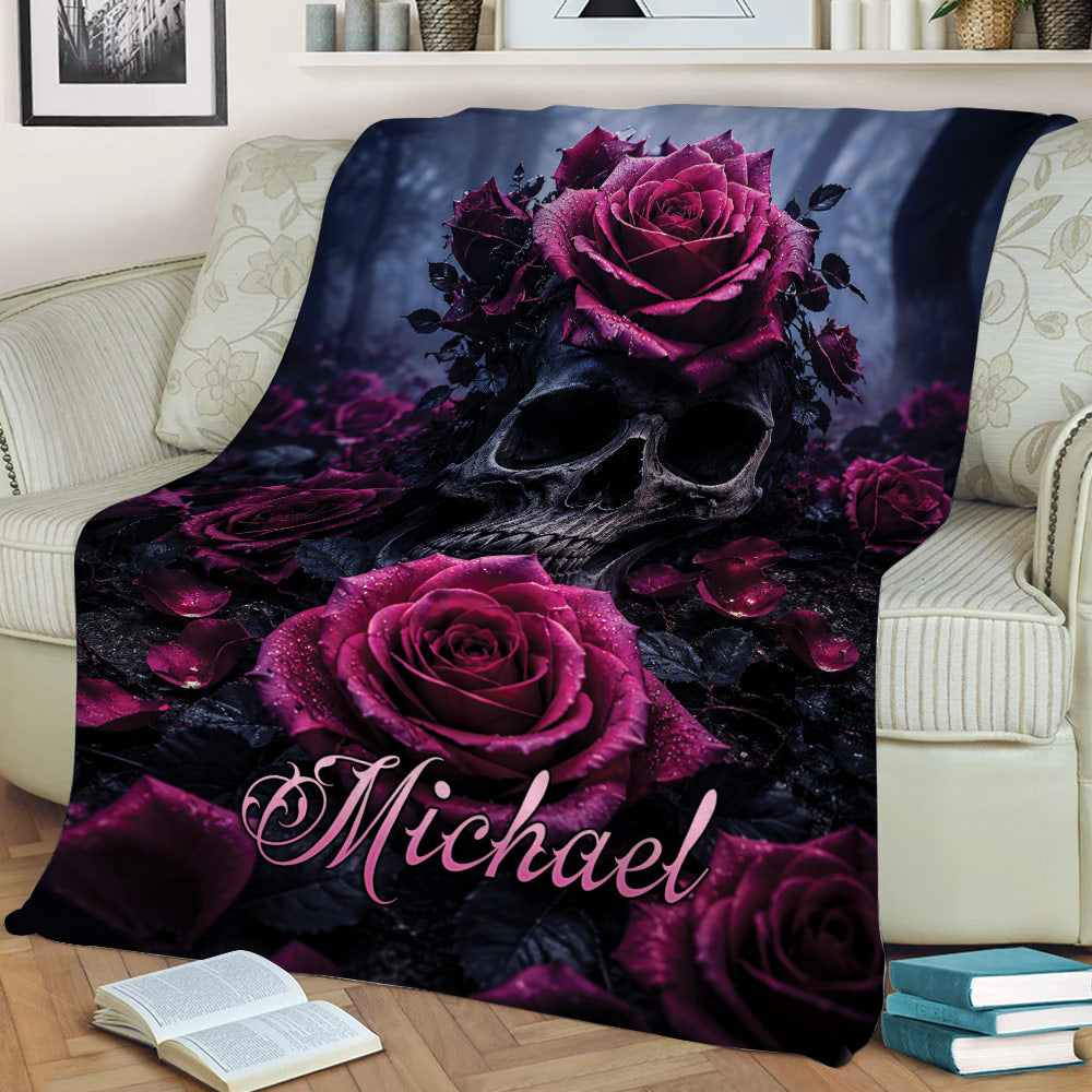 Dark skull rose blanket draped over a chair with dramatic magenta floral artwork