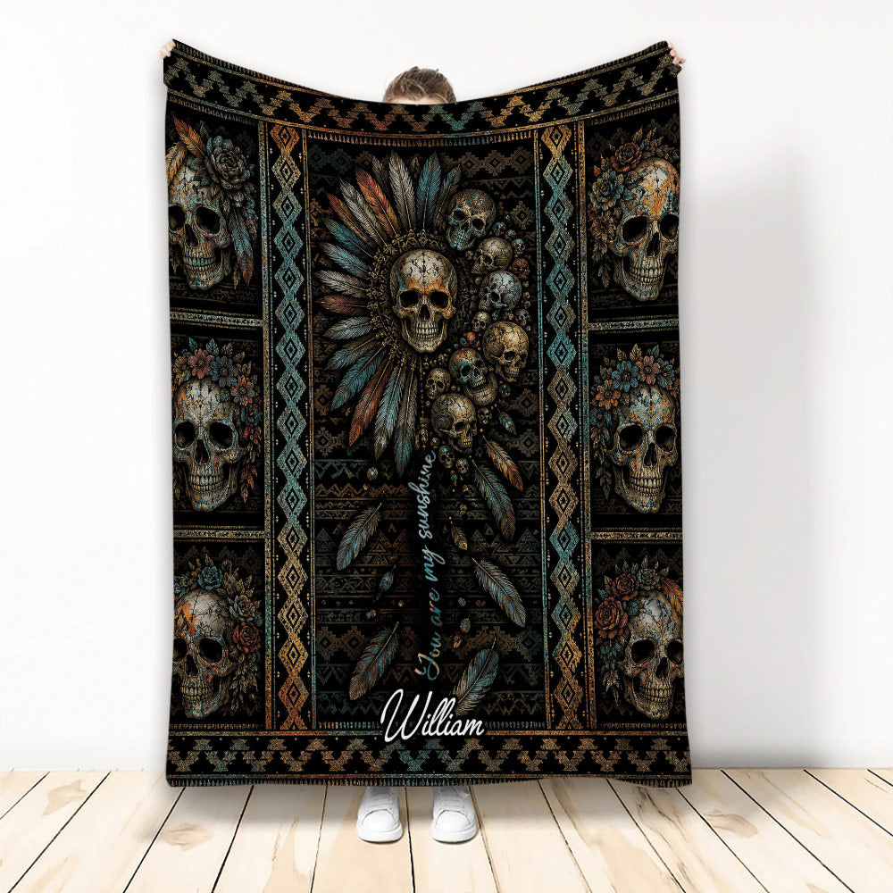 Skull throw blanket with floral skulls, feathers, and colorful southwestern-inspired geometric details
