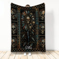 Skull throw blanket with floral skulls, feathers, and colorful southwestern-inspired geometric details