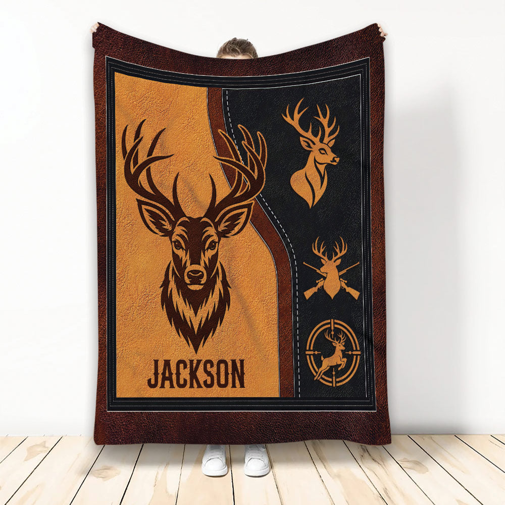Custom hunting blanket with bold deer artwork, antlers, and rustic orange and black outdoor design