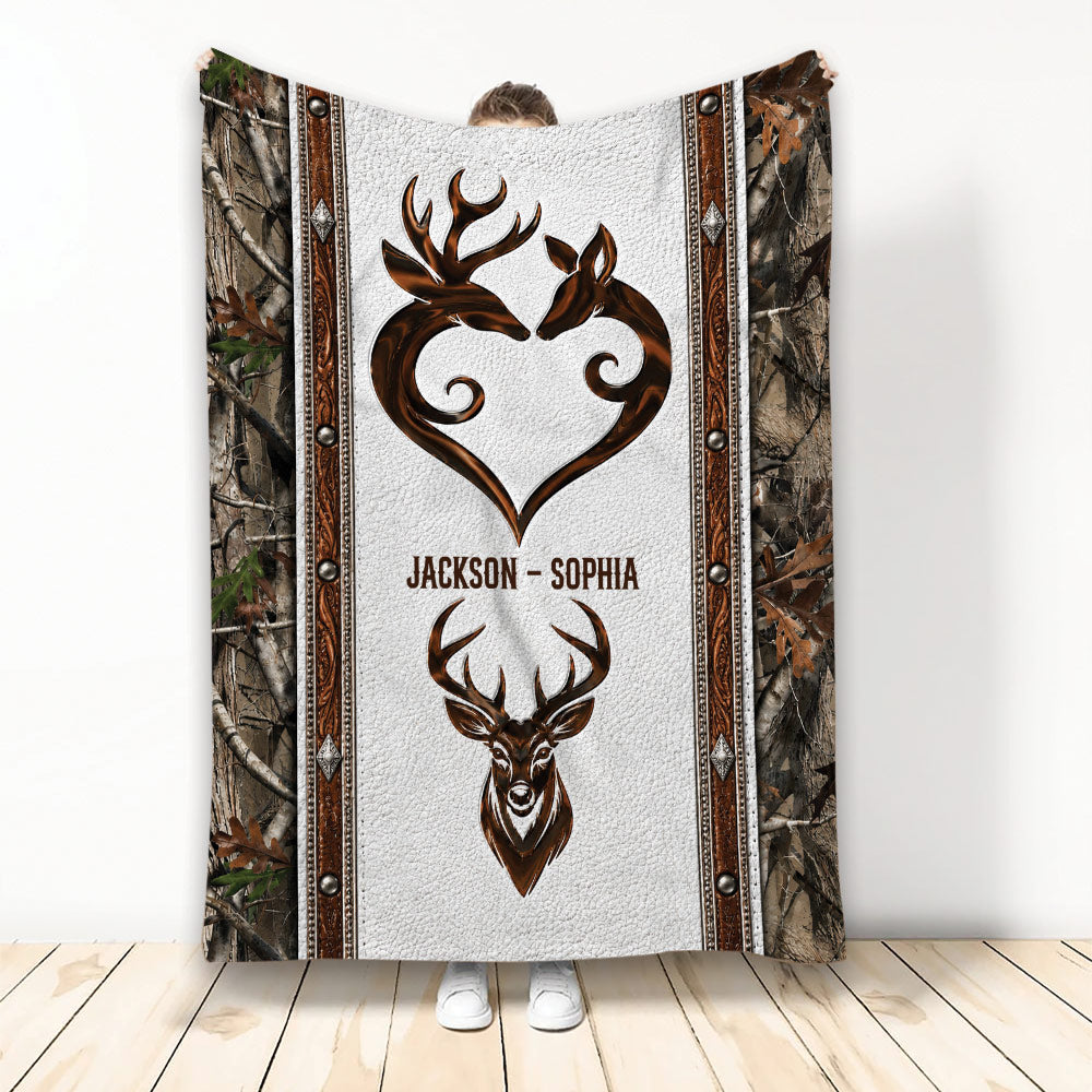 Custom hunting blanket with deer couple heart design, buck artwork, camouflage border, and rustic outdoor theme