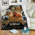 Horse throw blanket displayed on a sofa with galloping horse collage and horseshoe details