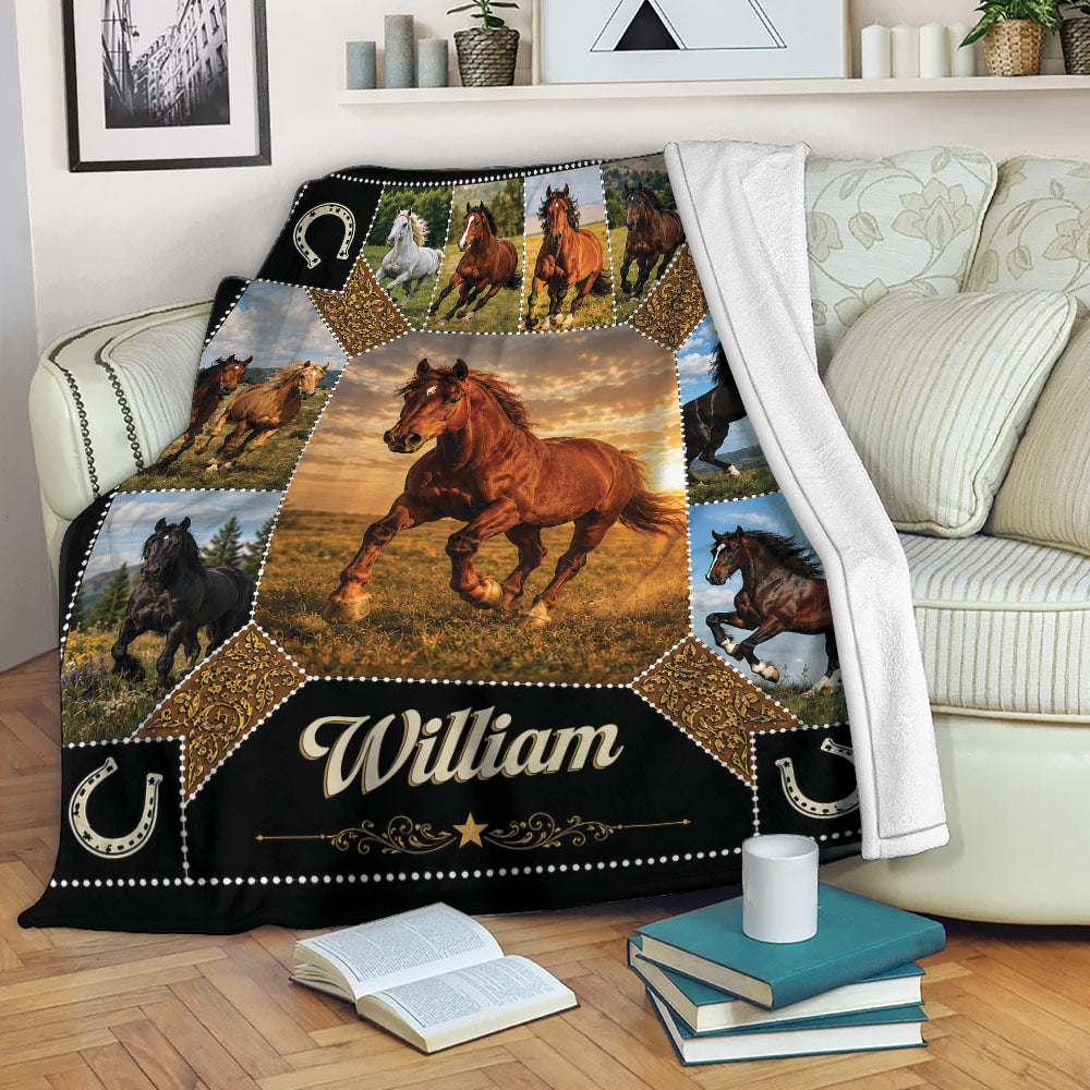 Horse throw blanket displayed on a sofa with galloping horse collage and horseshoe details
