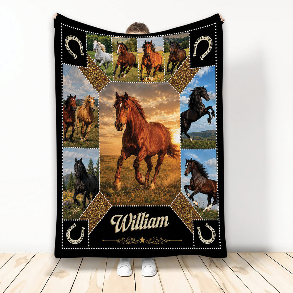 Horse throw blanket with galloping horses, horseshoe accents, and rustic equestrian artwork