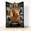 Horse throw blanket with galloping horses, horseshoe accents, and rustic equestrian artwork