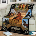 Equestrian horse blanket draped over a sofa with dramatic running horse artwork