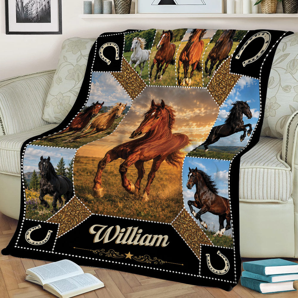 Equestrian horse blanket draped over a sofa with dramatic running horse artwork