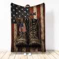 Veteran throw blanket featuring rugged combat boots, patriotic flag artwork, and military dog tags