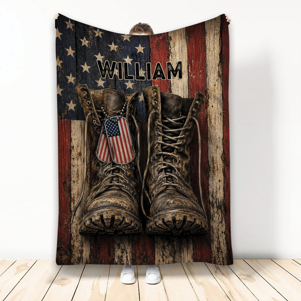 Veteran throw blanket featuring rugged combat boots, patriotic flag artwork, and military dog tags
