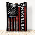 Patriotic veteran blanket with military-style dog tags, stars, and distressed red, white, and blue artwork