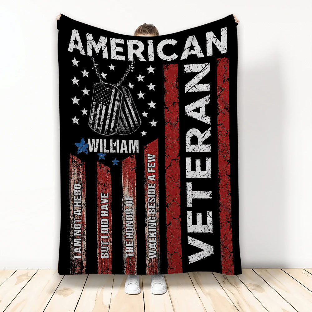 Patriotic veteran blanket with military-style dog tags, stars, and distressed red, white, and blue artwork