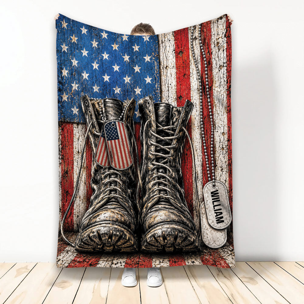 Patriotic veteran blanket featuring military boots, American flag artwork, and dog tags