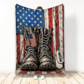 Patriotic veteran blanket featuring military boots, American flag artwork, and dog tags