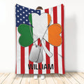 Irish shamrock blanket with green, white, and orange clovers, flag-inspired stripes, and military-style dog tags