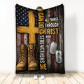 Veteran throw blanket with combat boots, dog tags, patriotic flag artwork, and Christian message
