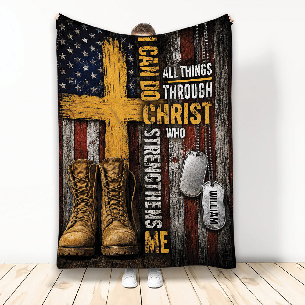 Veteran throw blanket with combat boots, dog tags, patriotic flag artwork, and Christian message