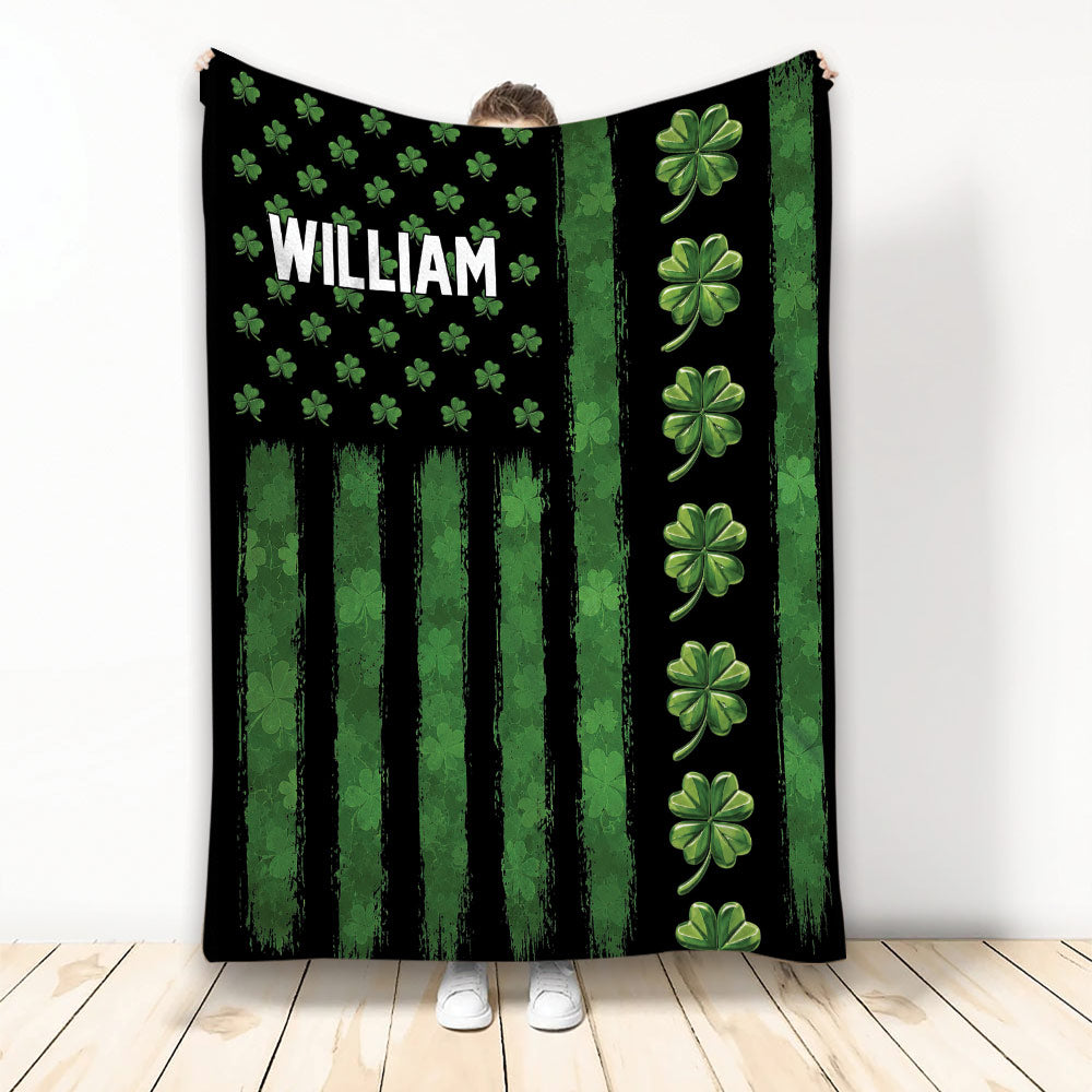 Irish shamrock throw blanket displayed vertically with green stripes and all-over clover artwork