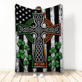 Irish throw blanket with Celtic cross, shamrocks, stars, and green, white, and orange artwork