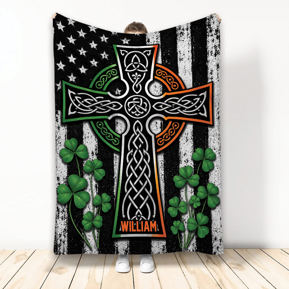 Irish throw blanket with Celtic cross, shamrocks, stars, and green, white, and orange artwork