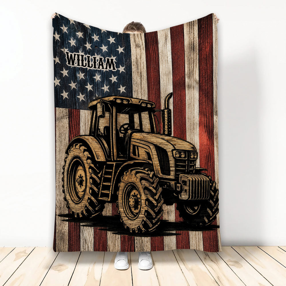 Rustic tractor throw blanket with vintage woodgrain artwork and American flag background