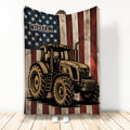 Rustic tractor throw blanket with vintage woodgrain artwork and American flag background