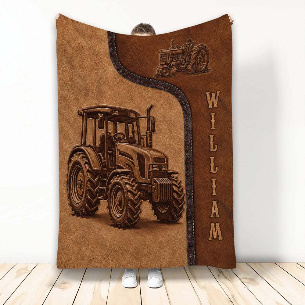 Rustic brown tractor throw blanket displayed upright with detailed farm vehicle artwork