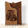 Rustic brown tractor throw blanket displayed upright with detailed farm vehicle artwork