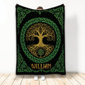 Tree Of Life blanket with golden tree artwork, emerald Celtic knotwork and black background