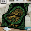 Celtic Tree Of Life blanket displayed on a sofa with ornate green knotwork borders