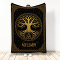 Black and gold Tree of Life blanket with ornate knotwork border and symbolic artwork