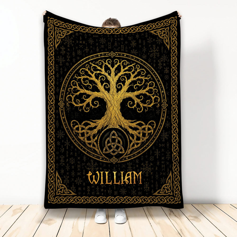 Black and gold Tree of Life blanket with ornate knotwork border and symbolic artwork
