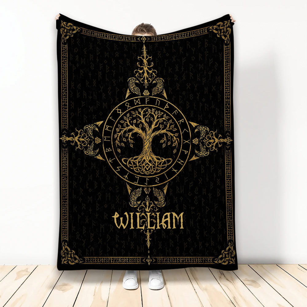 Black and gold Tree Of Life blanket with ornate circular artwork and symbolic border