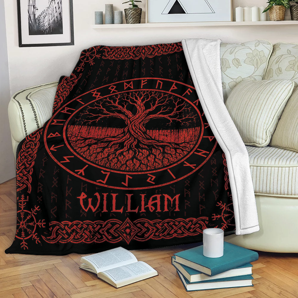Tree of Life throw blanket displayed on a sofa with black and red rune and knotwork artwork