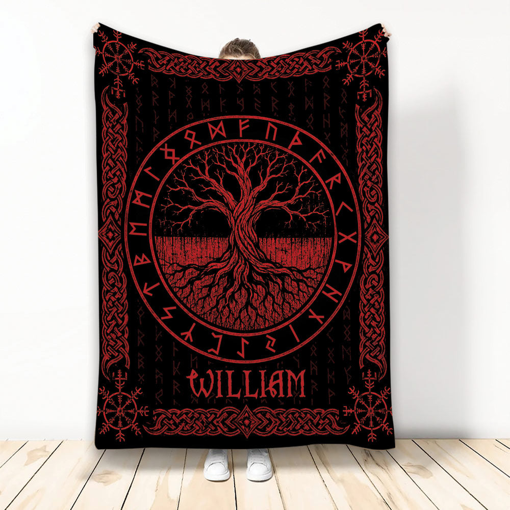 Black and red Tree of Life blanket with symbolic runes, knotwork border, and a bold dramatic design