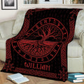 Black and red Tree of Life blanket draped over a couch with symbolic runes and decorative knotwork