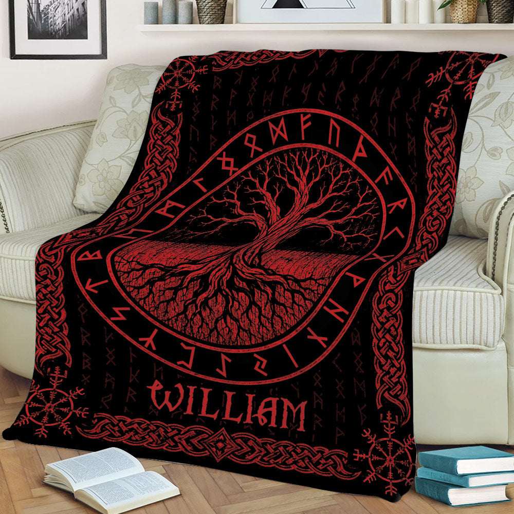 Black and red Tree of Life blanket draped over a couch with symbolic runes and decorative knotwork