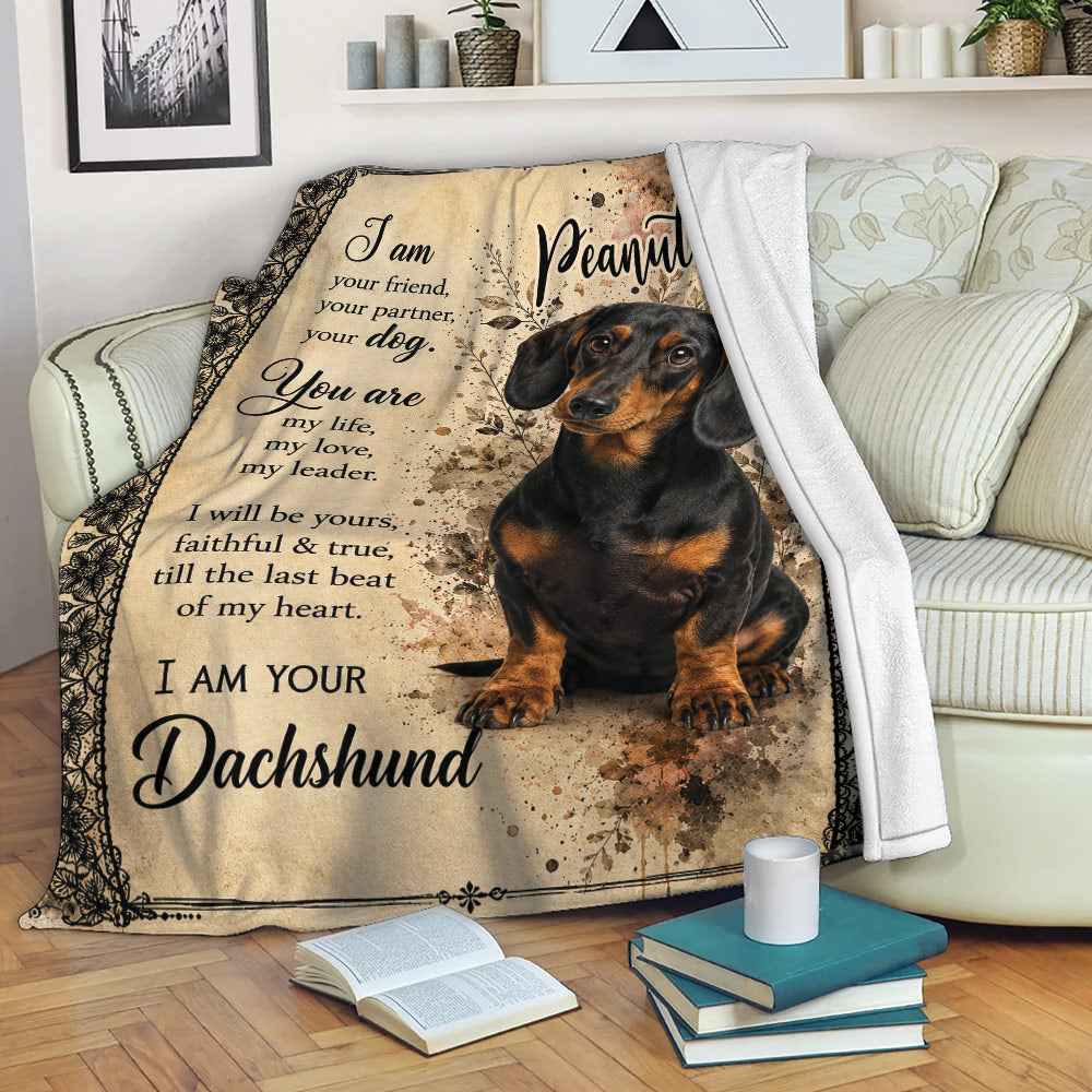 Custom dachshund blanket displayed on a sofa with black and tan dog artwork and floral edging