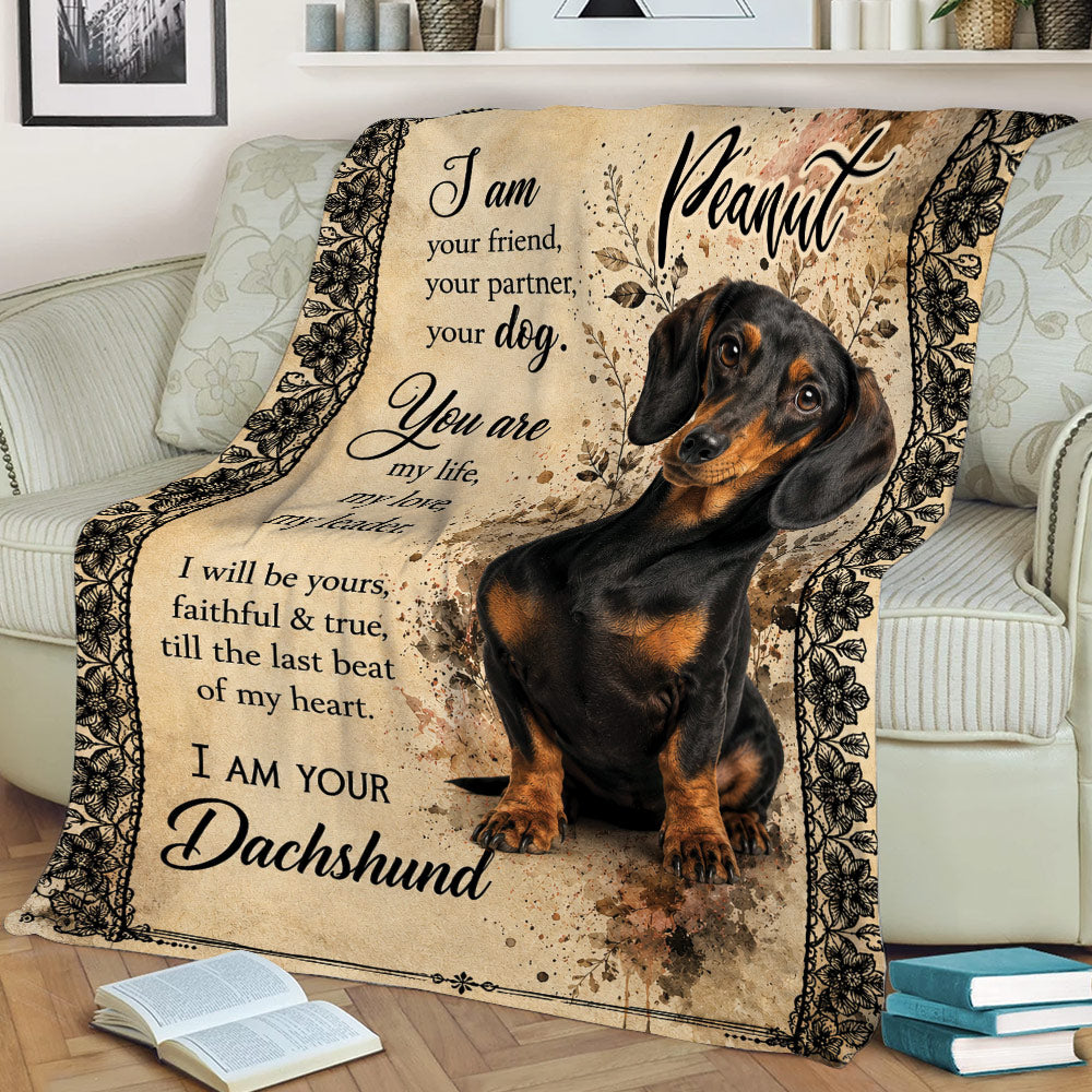 Dachshund throw blanket styled on a couch, featuring expressive black and tan wiener dog artwork