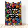 Autism awareness blanket with colorful puzzle pieces, handprints, hearts, and vibrant acceptance artwork