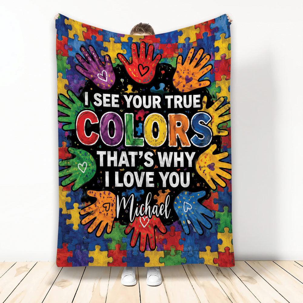 Autism awareness blanket with colorful puzzle pieces, handprints, hearts, and vibrant acceptance artwork